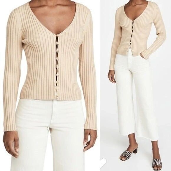 WAYF Cardigan Women 2X Plus Beige Frenchie Ribbed Button Sweater Preppy Boho NWT - Picture 2 of 9